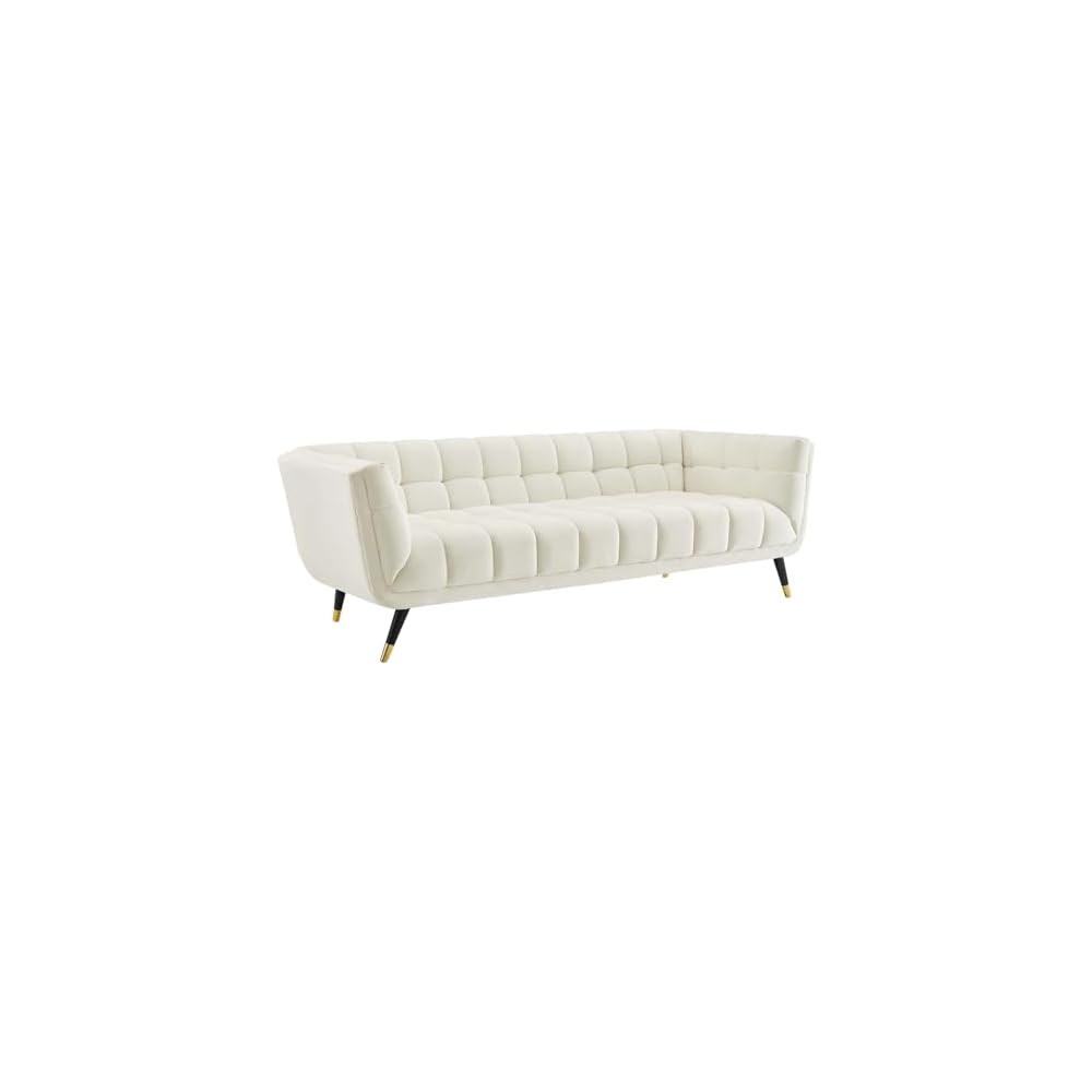 Modway Adept Contemporary Mid-Century Modern Performance Velvet Upholstered Tufted Sofa in Ivory
