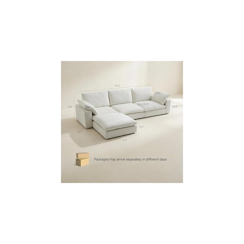 Cloud Modular Sectional Couch Oversized Cloud Sofa with Deep Seat Modern Comfy Couches Washable Cover Easy Assembly Sectional Couches for Living Room - 110.2" 3 Seats with Storage Ottoman