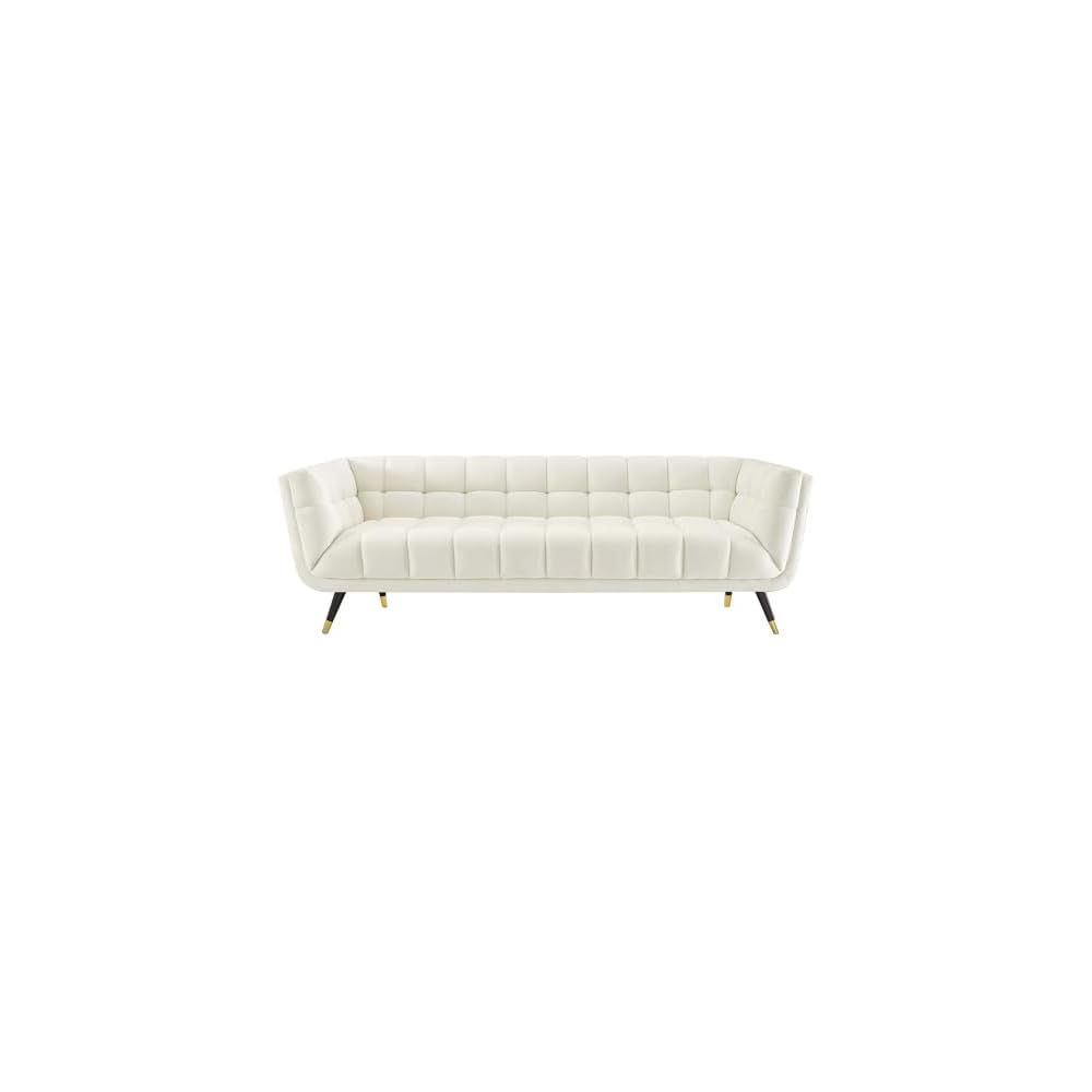 Modway Adept Contemporary Mid-Century Modern Performance Velvet Upholstered Tufted Sofa in Ivory