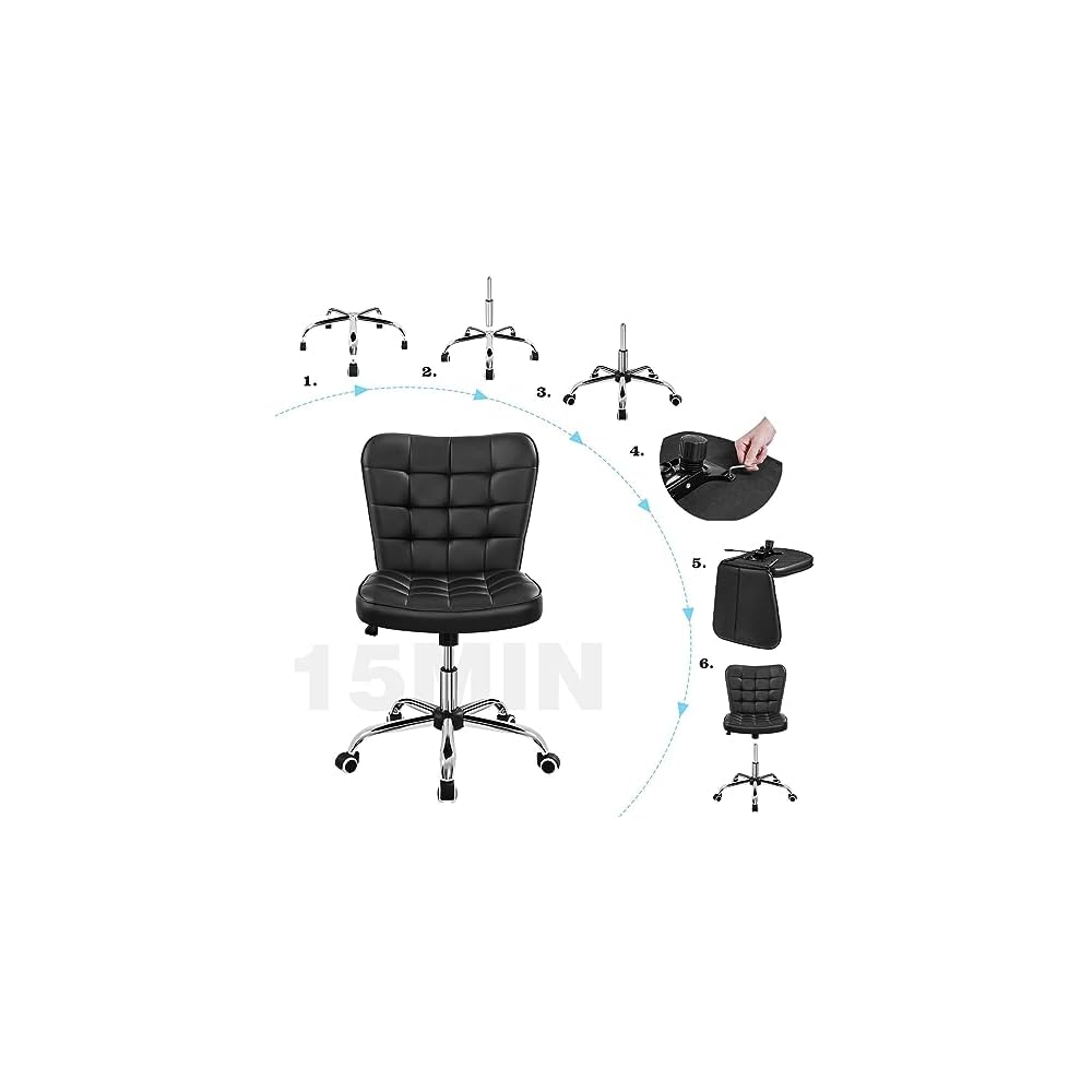 Yaheetech Black Tufted Armless Office Desk Chair with Wheels, Faux Leather