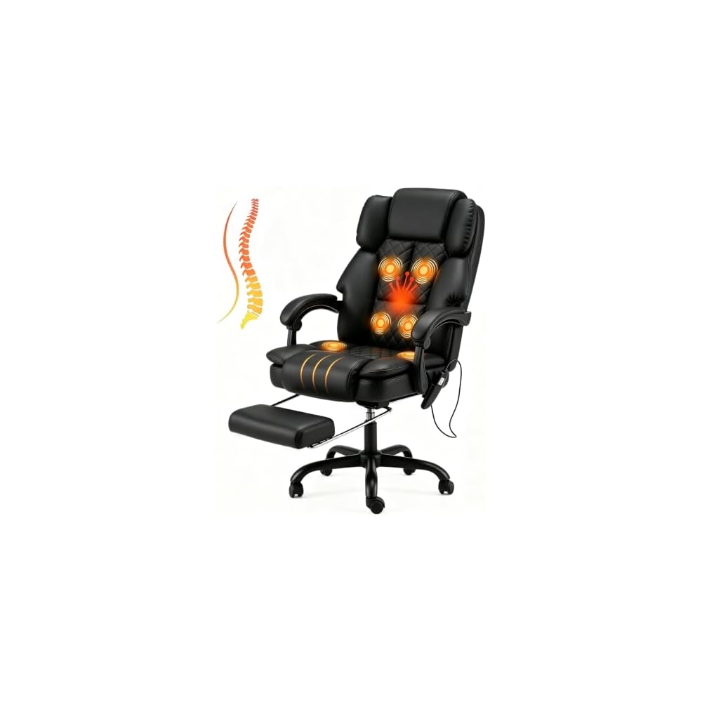 HOMREST 6-Point Massage Executive Chair,Heat Office Chair, Reclining Comfy Office Chair with Adjustable Footrest and Armrests,PU Leather Big and Tall Home Office Desk Chair(White)