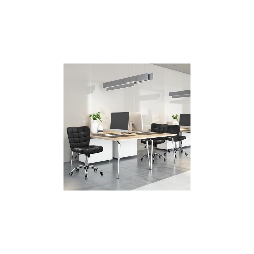 Yaheetech Black Tufted Armless Office Desk Chair with Wheels, Faux Leather