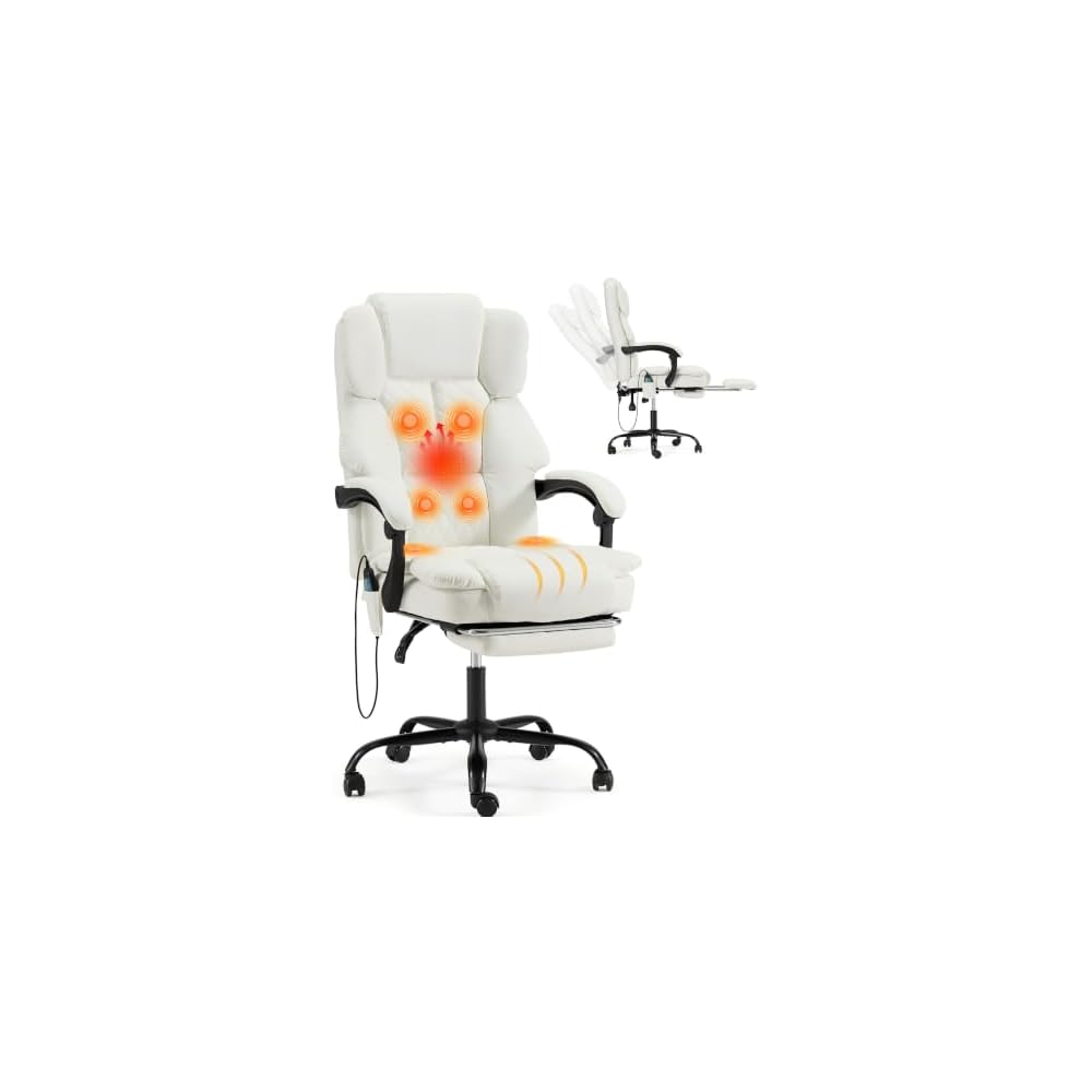 HOMREST 6-Point Massage Executive Chair,Heat Office Chair, Reclining Comfy Office Chair with Adjustable Footrest and Armrests,PU Leather Big and Tall Home Office Desk Chair(White)