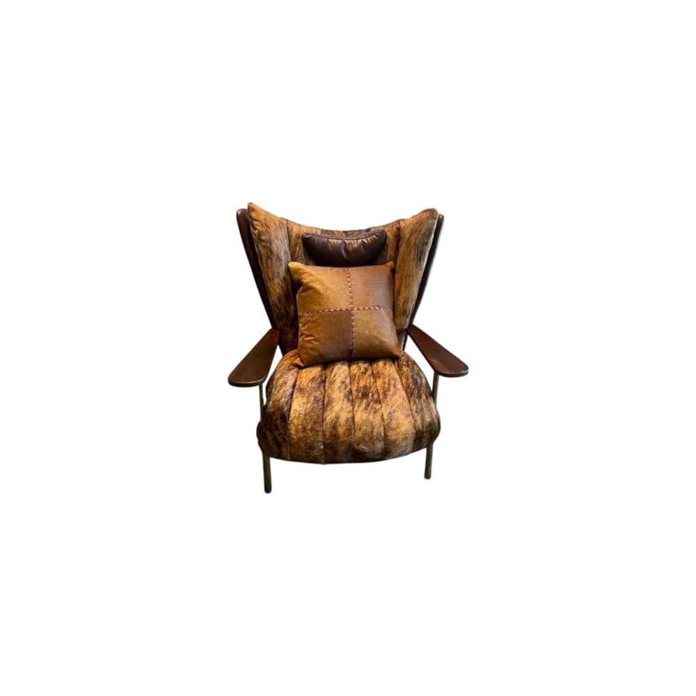 Luxury Cowhide Leather Accent Chair with Walnut Wood Armrests – Vintage Modern Lounge Chair for Living Room, Reading Nook, Office & Designer Interior Decor (Brown)