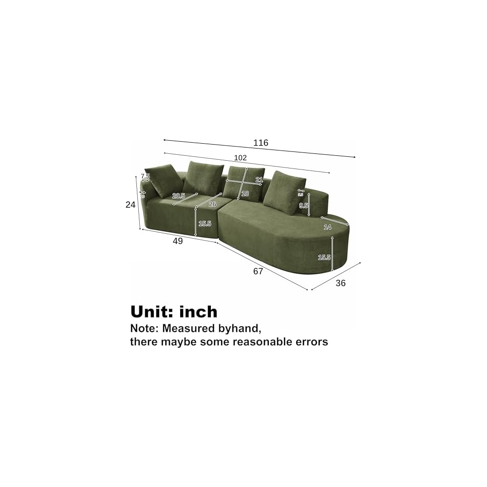 Christopher Knight Home 116" Modern Curved Sectional Sofa 2 Piece Set with Chaise Lounge, High-Density Compressed Sponge Couch, Fully Assembled Right Hand Facing Sofa for Living Room Lounge, Green