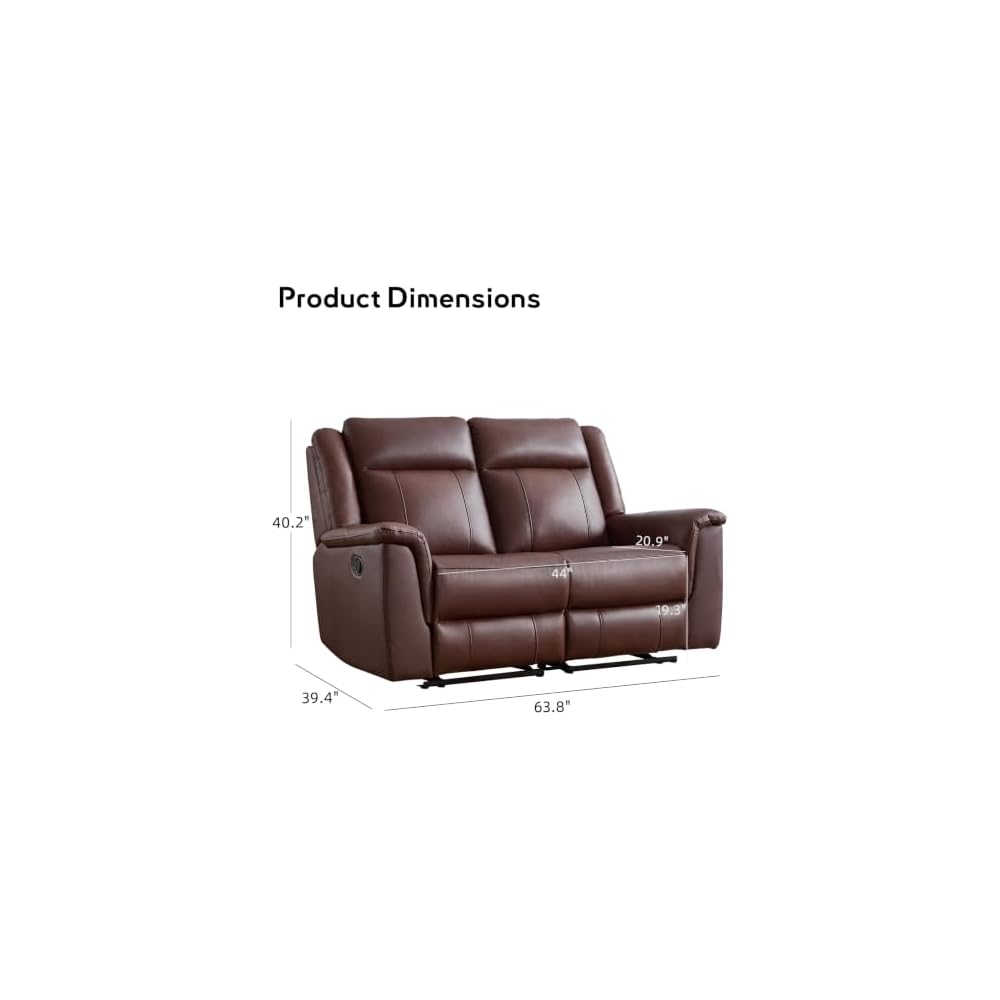 CANMOV 2PCS Genuine Leather Manual Recliner Loveseat Sofa, Mid-Century Modern Reclining Loveseat with Soft Padded Seat Backrest, 2 Seat Reclining Sofa Couch for Living Room, Dark Brown