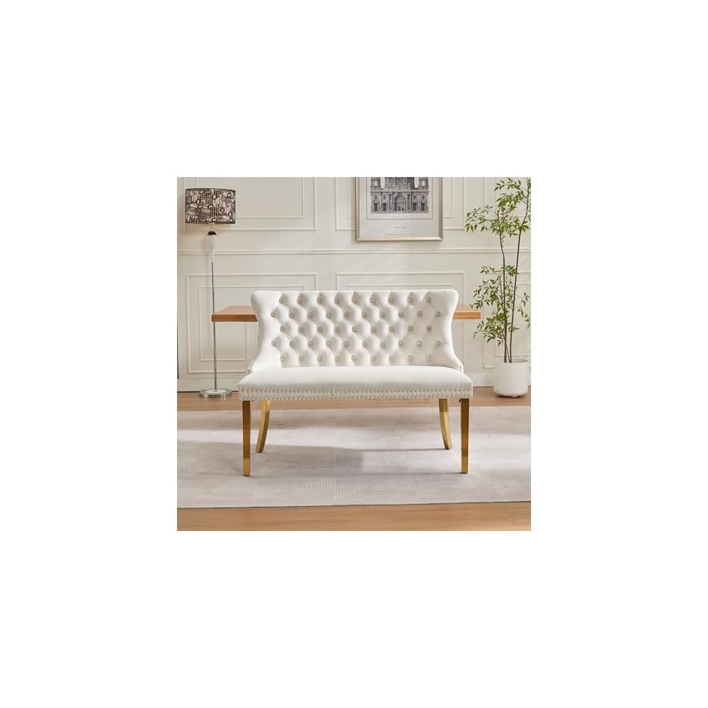 SSLine 45.6'' Dining Loveseat Bench,Modern 2-Seat Loveseat Sofa with Handmade Buttons and Stainless Steel Legs,Wing Back Couches for Apartment Kitchen (Beige)