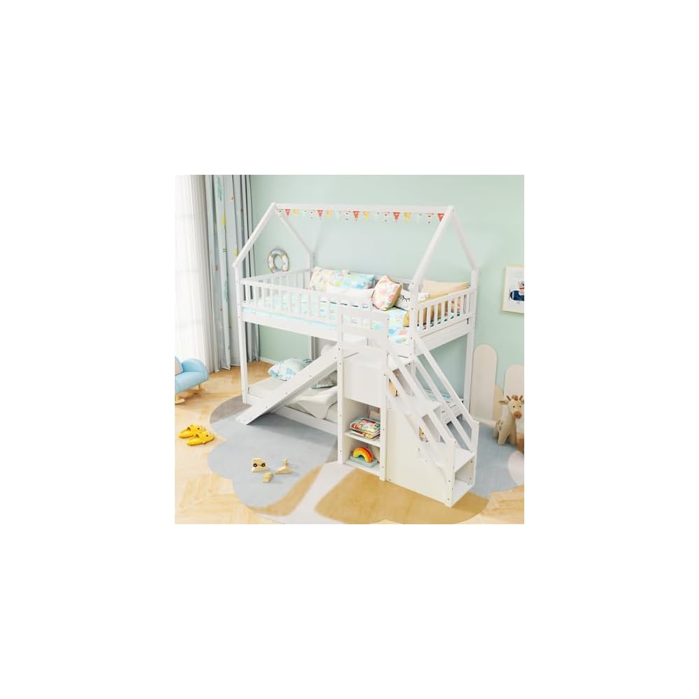 GIANTEX House Bunk Bed Twin Over Twin with Slide & Stairs, Wood Bunk Bed with Storage Shelves, No Box Spring Needed, Twin Floor Bed for Kids Teens Boys Girls (White)