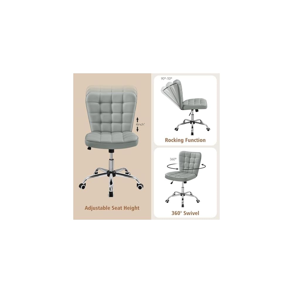 Yaheetech Black Tufted Armless Office Desk Chair with Wheels, Faux Leather
