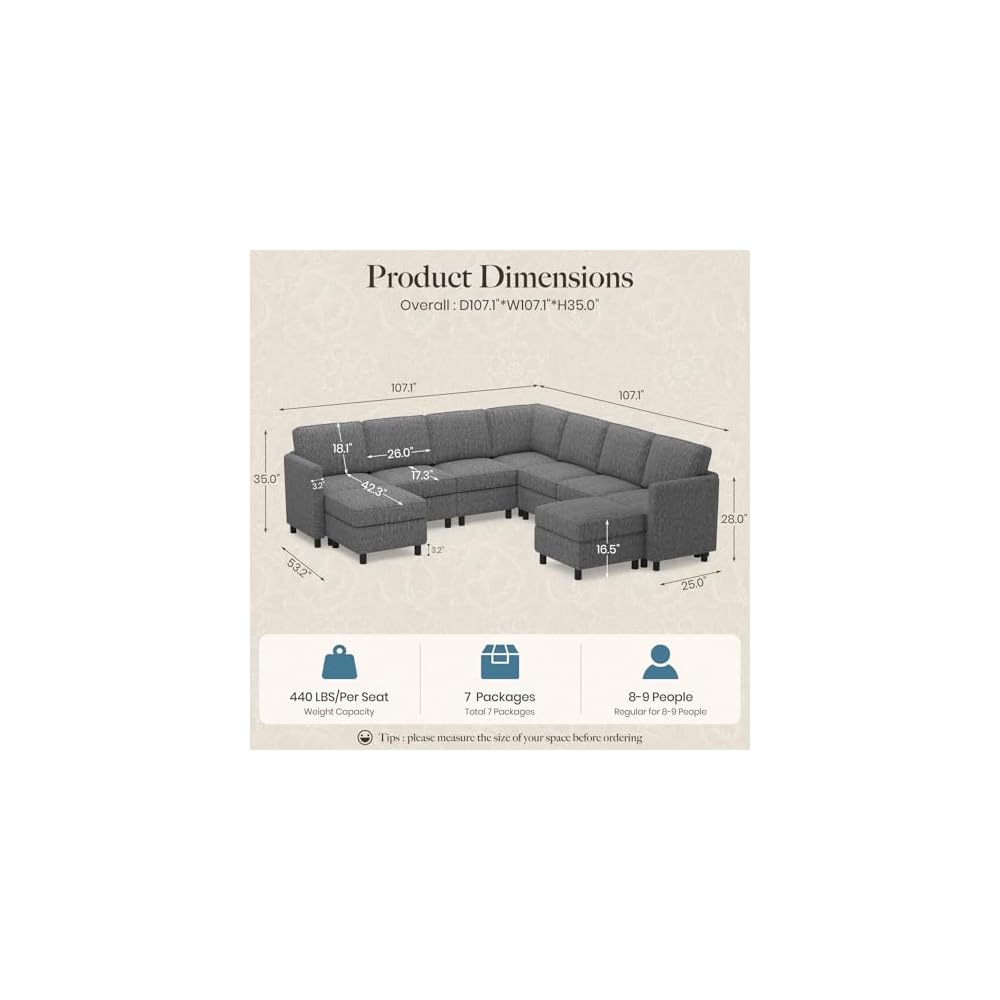 Belffin 107.1" 9 Seats Modular Sectional Sofa U Shaped Couch Big Corner Washable Sectional Couches for Living Room Comfy Couches with Storage Seat Couch Sofas with Chaise,Grey