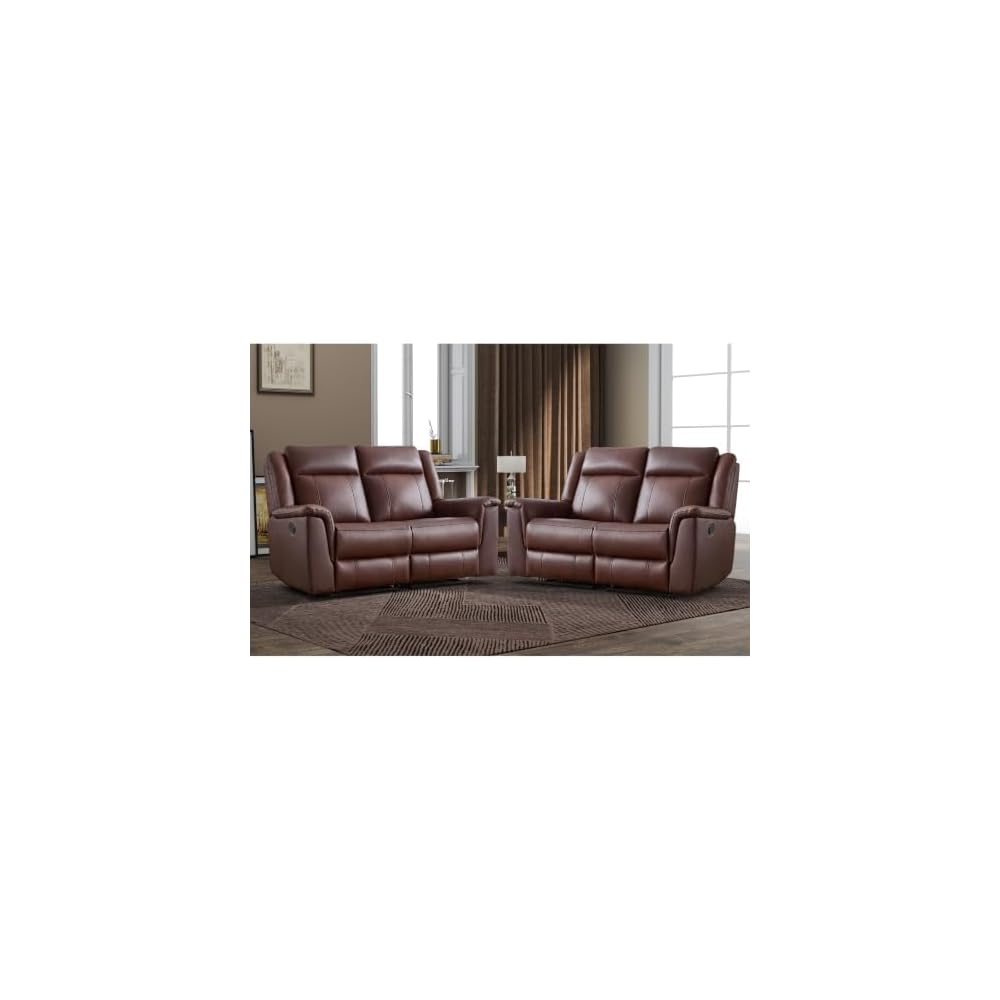 CANMOV 2PCS Genuine Leather Manual Recliner Loveseat Sofa, Mid-Century Modern Reclining Loveseat with Soft Padded Seat Backrest, 2 Seat Reclining Sofa Couch for Living Room, Dark Brown