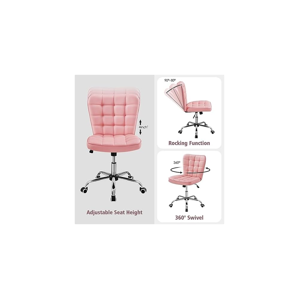 Yaheetech Black Tufted Armless Office Desk Chair with Wheels, Faux Leather