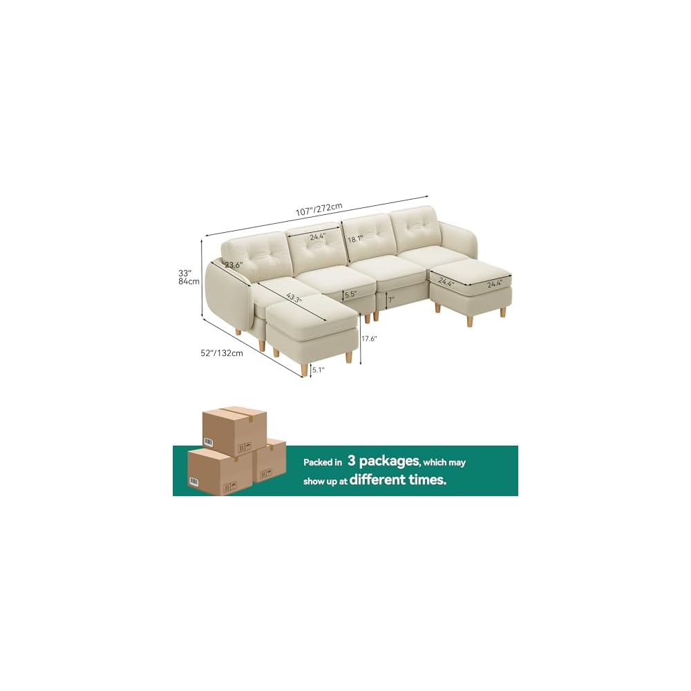 YITAHOME 108" U-Shaped Modular Cloud Couch,Deep Seat, Velvet Beige