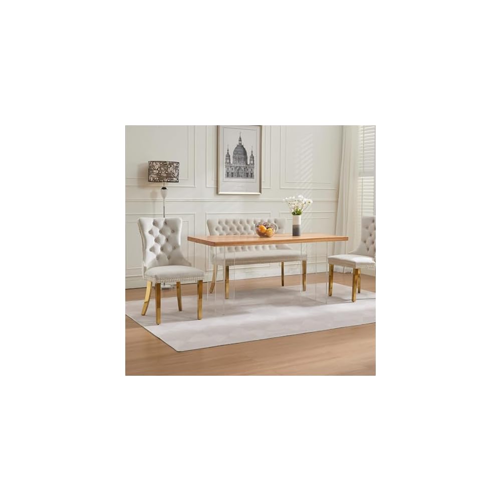 SSLine 45.6'' Dining Loveseat Bench,Modern 2-Seat Loveseat Sofa with Handmade Buttons and Stainless Steel Legs,Wing Back Couches for Apartment Kitchen (Beige)