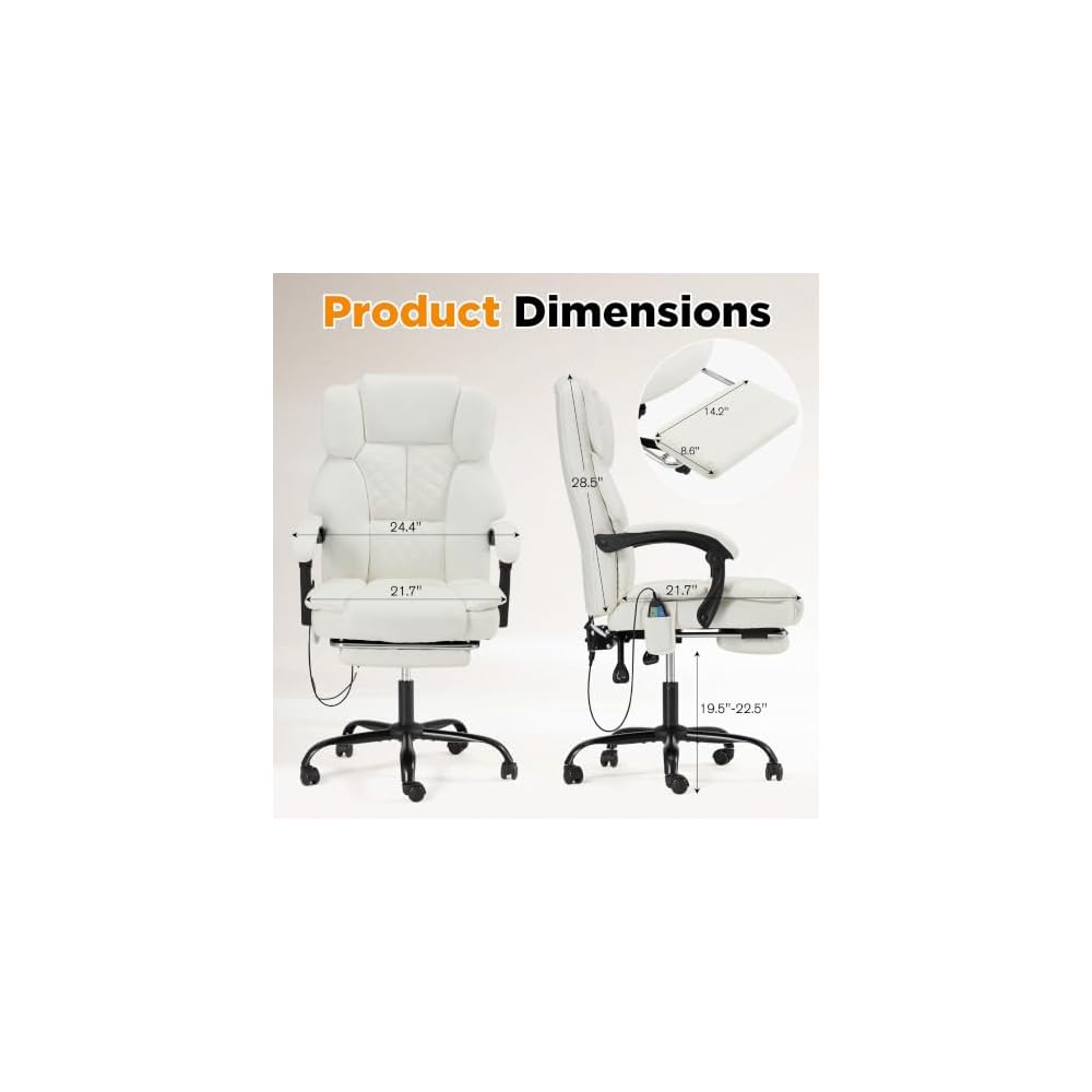 HOMREST 6-Point Massage Executive Chair,Heat Office Chair, Reclining Comfy Office Chair with Adjustable Footrest and Armrests,PU Leather Big and Tall Home Office Desk Chair(White)