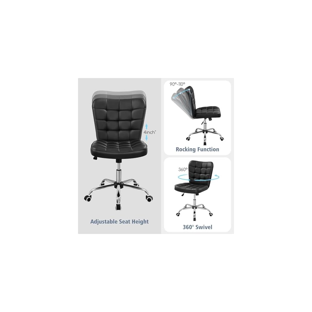 Yaheetech Black Tufted Armless Office Desk Chair with Wheels, Faux Leather