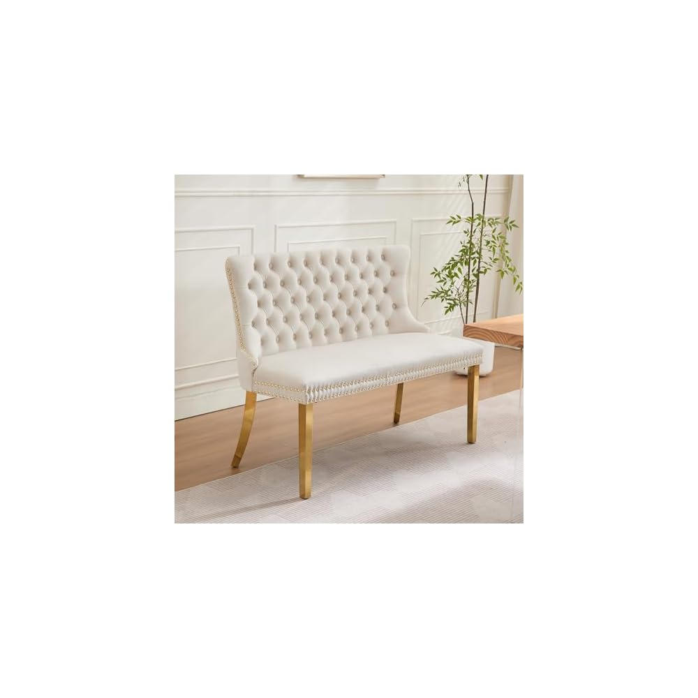 SSLine 45.6'' Dining Loveseat Bench,Modern 2-Seat Loveseat Sofa with Handmade Buttons and Stainless Steel Legs,Wing Back Couches for Apartment Kitchen (Beige)