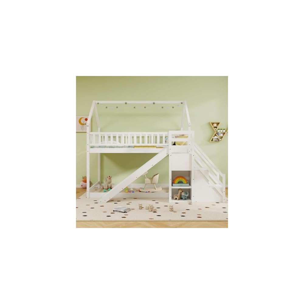 GIANTEX House Bunk Bed Twin Over Twin with Slide & Stairs, Wood Bunk Bed with Storage Shelves, No Box Spring Needed, Twin Floor Bed for Kids Teens Boys Girls (White)