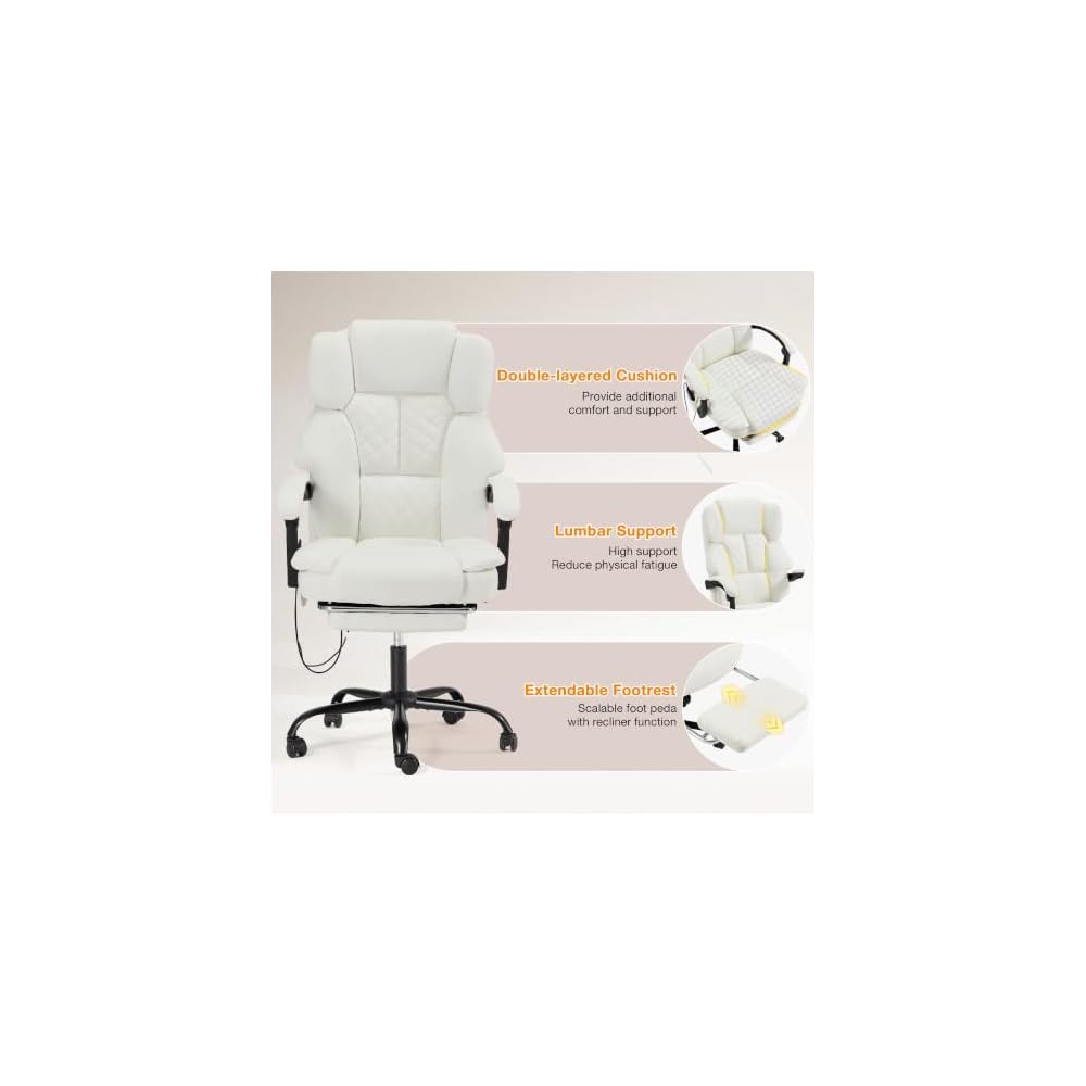 HOMREST 6-Point Massage Executive Chair,Heat Office Chair, Reclining Comfy Office Chair with Adjustable Footrest and Armrests,PU Leather Big and Tall Home Office Desk Chair(White)