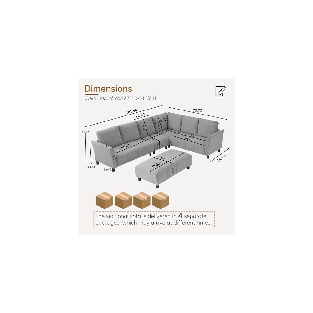 Modular Sectional Sofa, L-Shaped Sectional Couch with Movable Ottoman, Removable Covers, Comfy Sectionals Set for Living Room,Office (Light Grey, 6-Seats)
