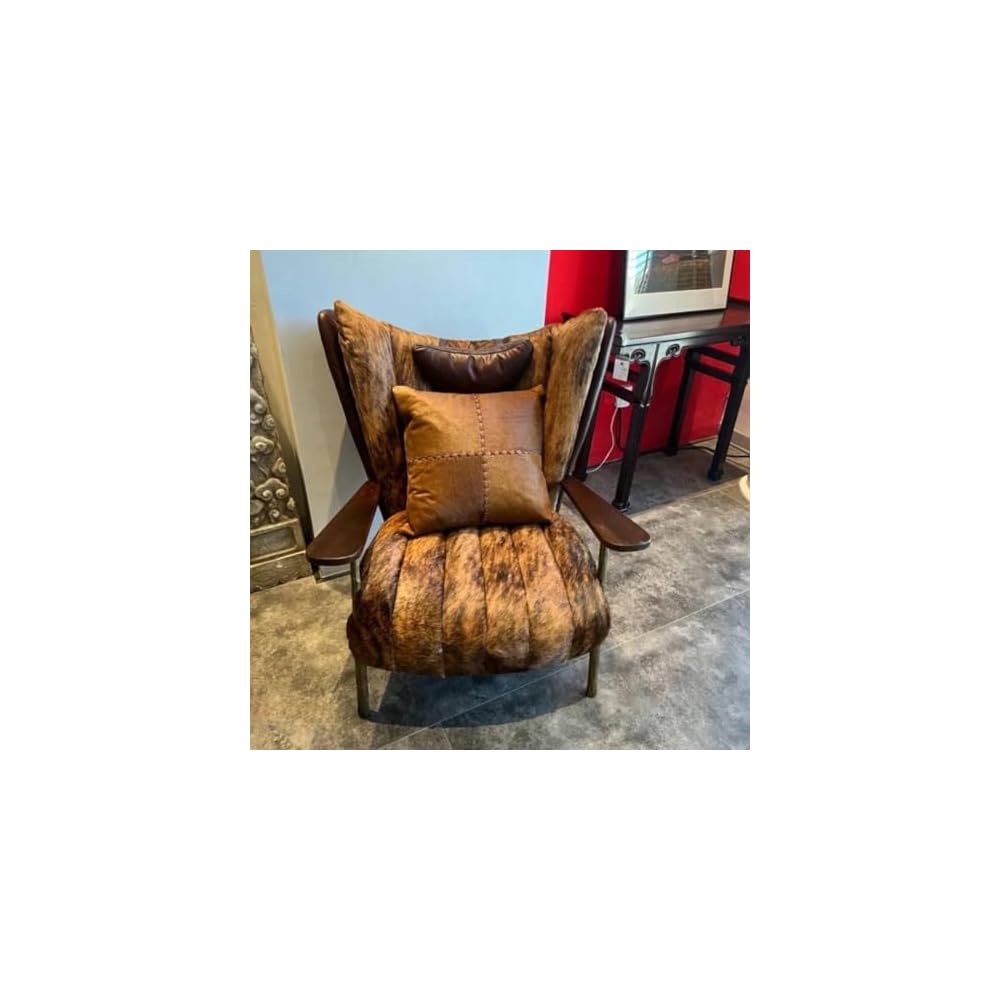 Luxury Cowhide Leather Accent Chair with Walnut Wood Armrests – Vintage Modern Lounge Chair for Living Room, Reading Nook, Office & Designer Interior Decor (Brown)