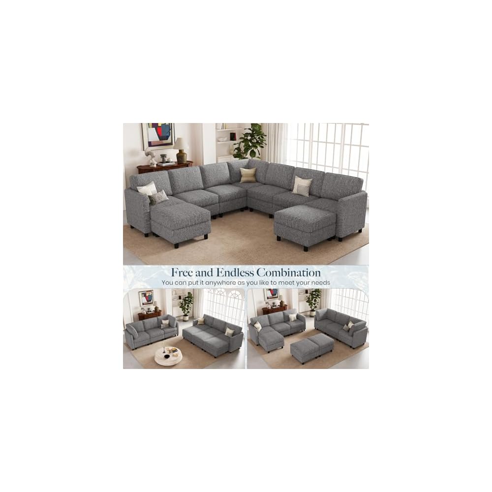 Belffin 107.1" 9 Seats Modular Sectional Sofa U Shaped Couch Big Corner Washable Sectional Couches for Living Room Comfy Couches with Storage Seat Couch Sofas with Chaise,Grey