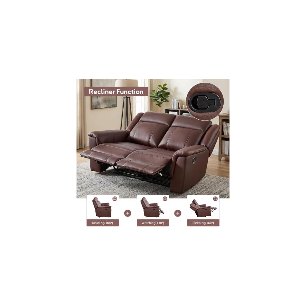 CANMOV 2PCS Genuine Leather Manual Recliner Loveseat Sofa, Mid-Century Modern Reclining Loveseat with Soft Padded Seat Backrest, 2 Seat Reclining Sofa Couch for Living Room, Dark Brown