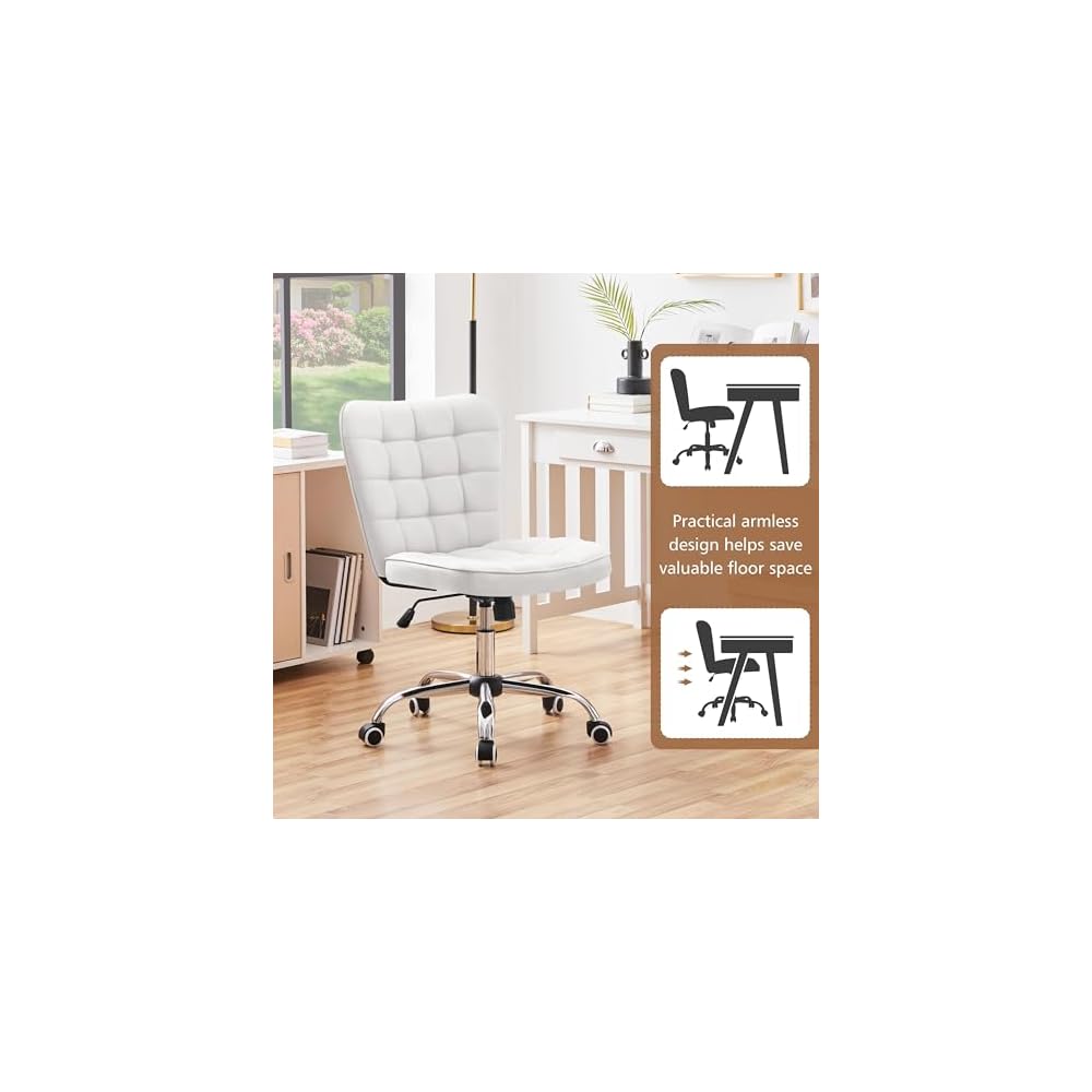 Yaheetech Black Tufted Armless Office Desk Chair with Wheels, Faux Leather