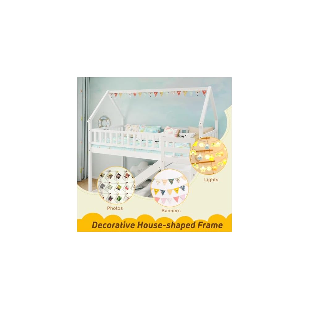 GIANTEX House Bunk Bed Twin Over Twin with Slide & Stairs, Wood Bunk Bed with Storage Shelves, No Box Spring Needed, Twin Floor Bed for Kids Teens Boys Girls (White)