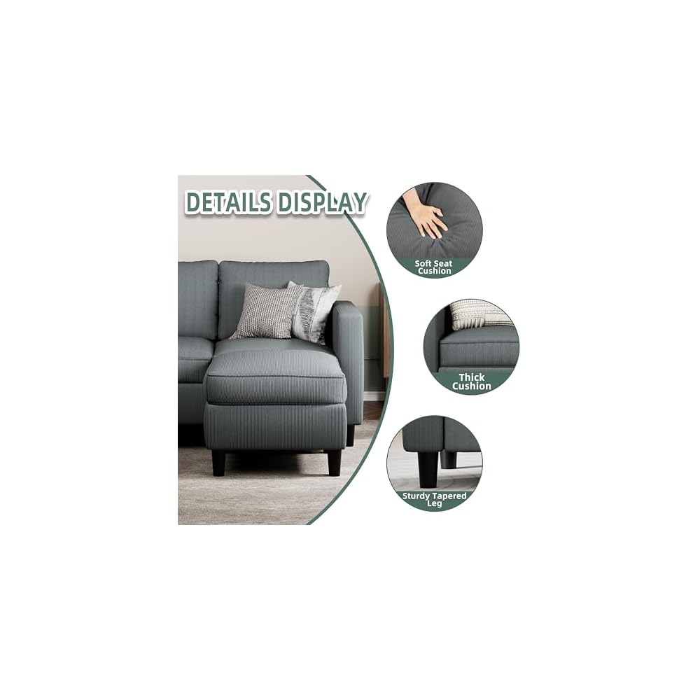 SUNLEI L-Shaped Sectional Couch, Modern Grey Reversible Sectional Sofa with Reversible Ottoman, 3-Seat Sectional Couches for Living Room and Apartment, Grey