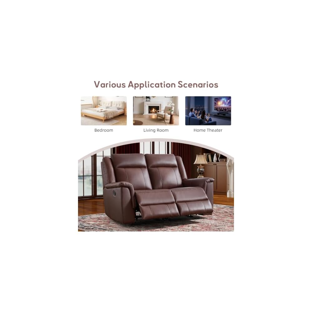 CANMOV 2PCS Genuine Leather Manual Recliner Loveseat Sofa, Mid-Century Modern Reclining Loveseat with Soft Padded Seat Backrest, 2 Seat Reclining Sofa Couch for Living Room, Dark Brown