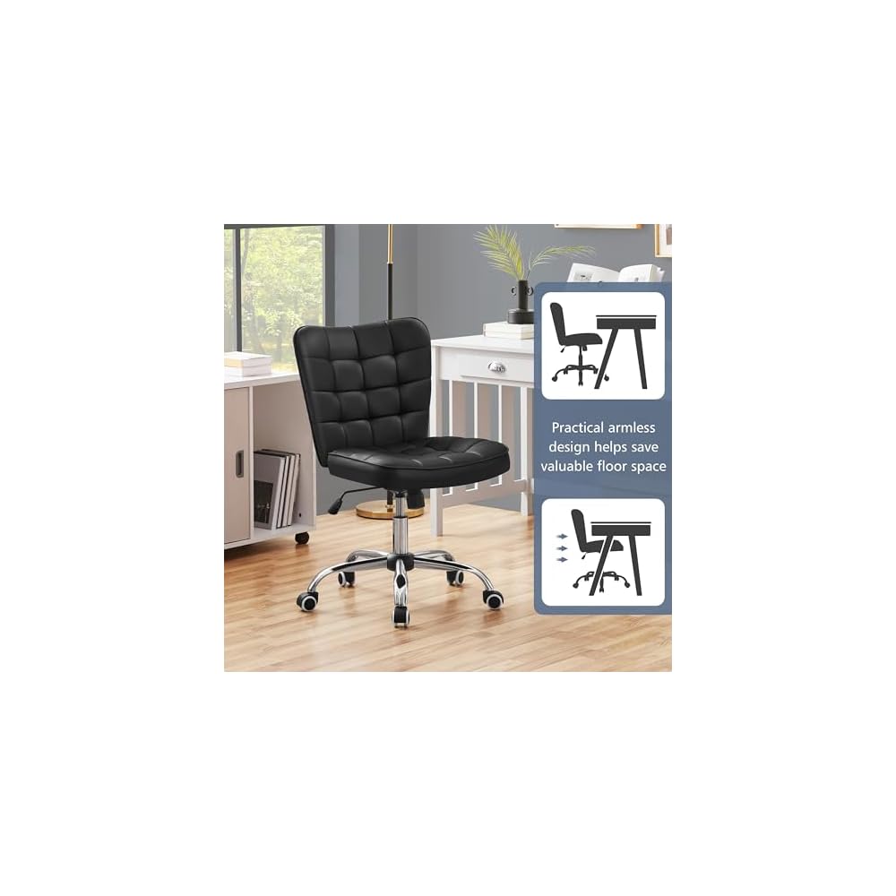 Yaheetech Black Tufted Armless Office Desk Chair with Wheels, Faux Leather