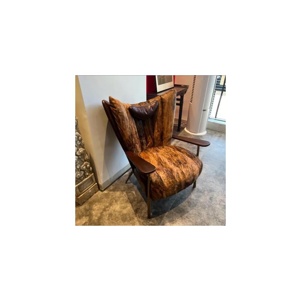 Luxury Cowhide Leather Accent Chair with Walnut Wood Armrests – Vintage Modern Lounge Chair for Living Room, Reading Nook, Office & Designer Interior Decor (Brown)