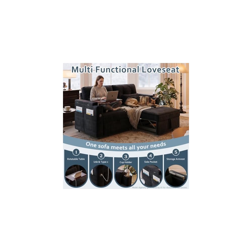 73" Sleeper Sofa Bed Full Size, Corduroy Convertible Pull Out Couch, Black