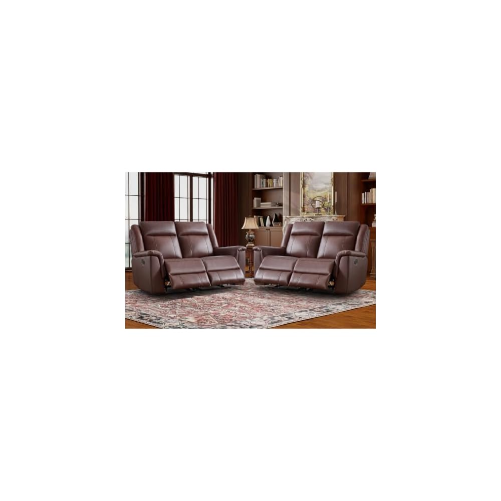 CANMOV 2PCS Genuine Leather Manual Recliner Loveseat Sofa, Mid-Century Modern Reclining Loveseat with Soft Padded Seat Backrest, 2 Seat Reclining Sofa Couch for Living Room, Dark Brown