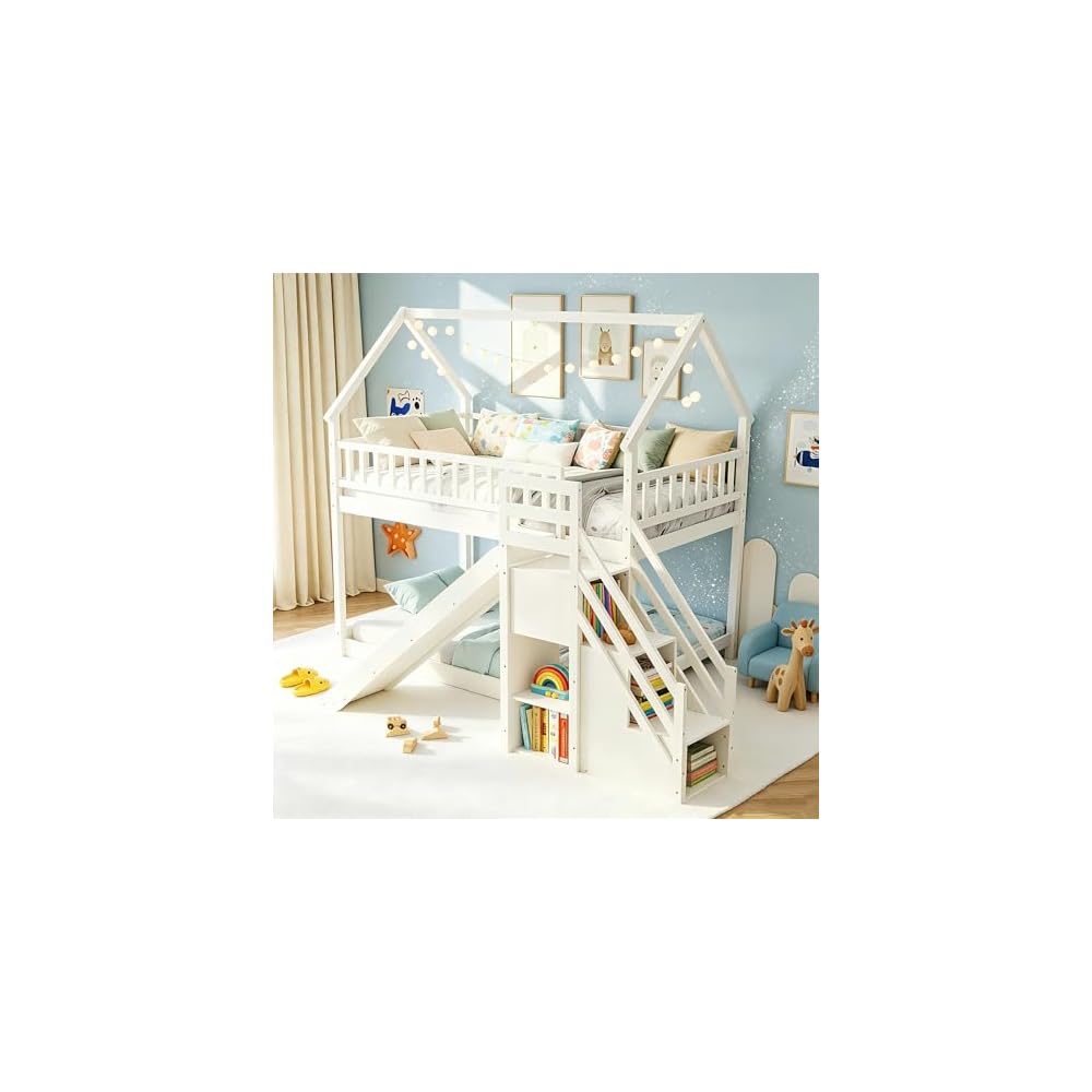 GIANTEX House Bunk Bed Twin Over Twin with Slide & Stairs, Wood Bunk Bed with Storage Shelves, No Box Spring Needed, Twin Floor Bed for Kids Teens Boys Girls (White)