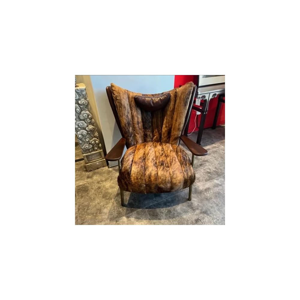 Luxury Cowhide Leather Accent Chair with Walnut Wood Armrests – Vintage Modern Lounge Chair for Living Room, Reading Nook, Office & Designer Interior Decor (Brown)