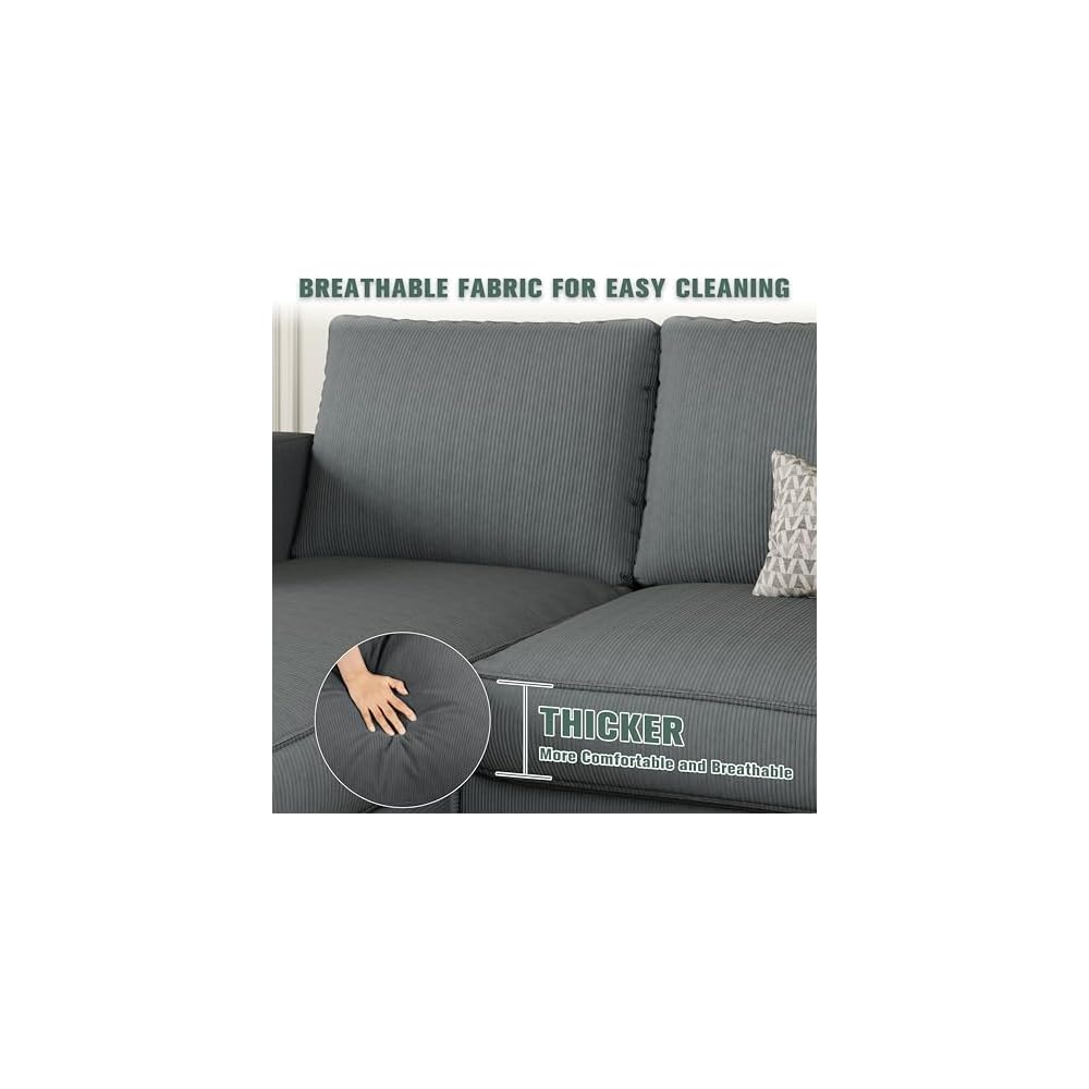 SUNLEI L-Shaped Sectional Couch, Modern Grey Reversible Sectional Sofa with Reversible Ottoman, 3-Seat Sectional Couches for Living Room and Apartment, Grey