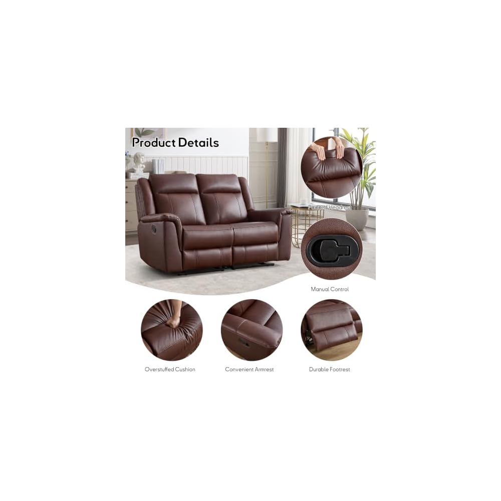 CANMOV 2PCS Genuine Leather Manual Recliner Loveseat Sofa, Mid-Century Modern Reclining Loveseat with Soft Padded Seat Backrest, 2 Seat Reclining Sofa Couch for Living Room, Dark Brown