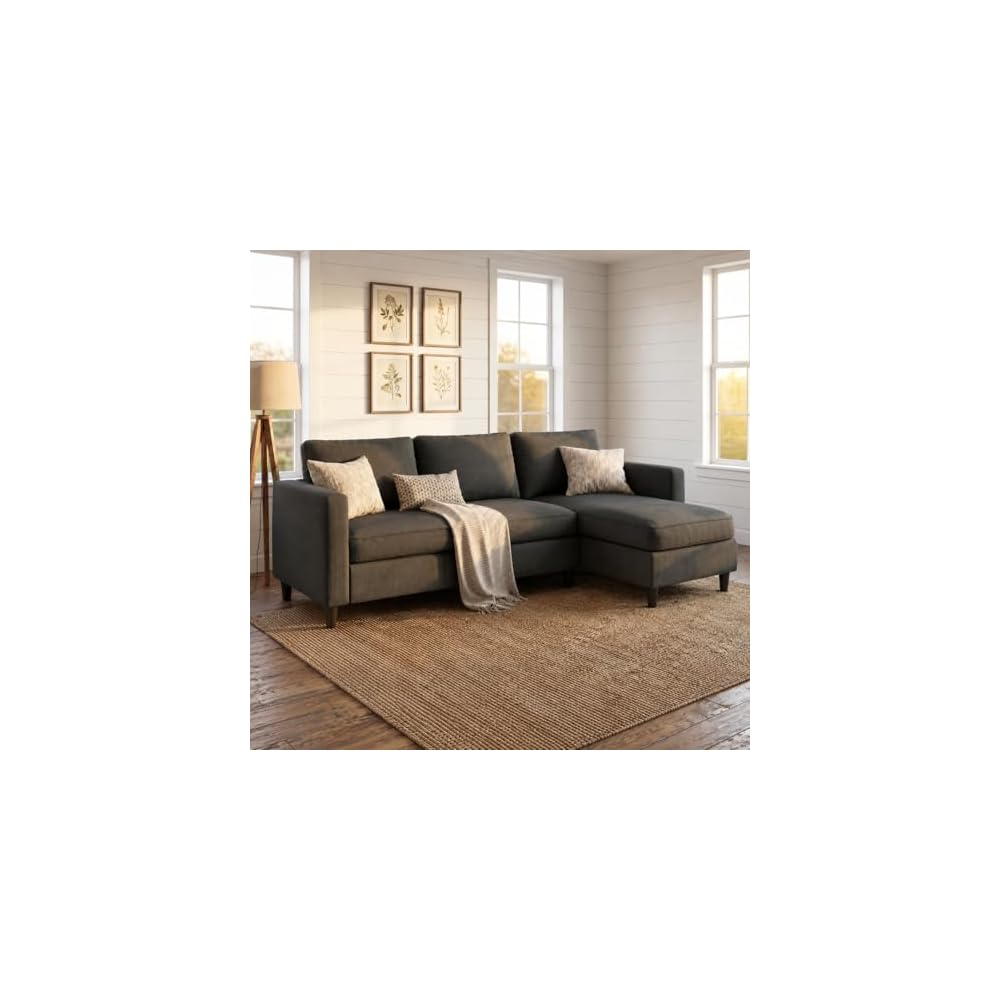 SUNLEI L-Shaped Sectional Couch, Modern Grey Reversible Sectional Sofa with Reversible Ottoman, 3-Seat Sectional Couches for Living Room and Apartment, Grey