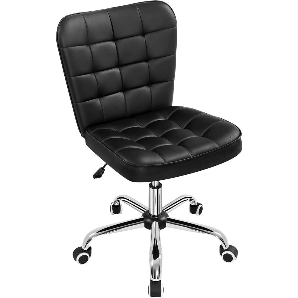 Yaheetech Black Tufted Armless Office Desk Chair with Wheels, Faux Leather