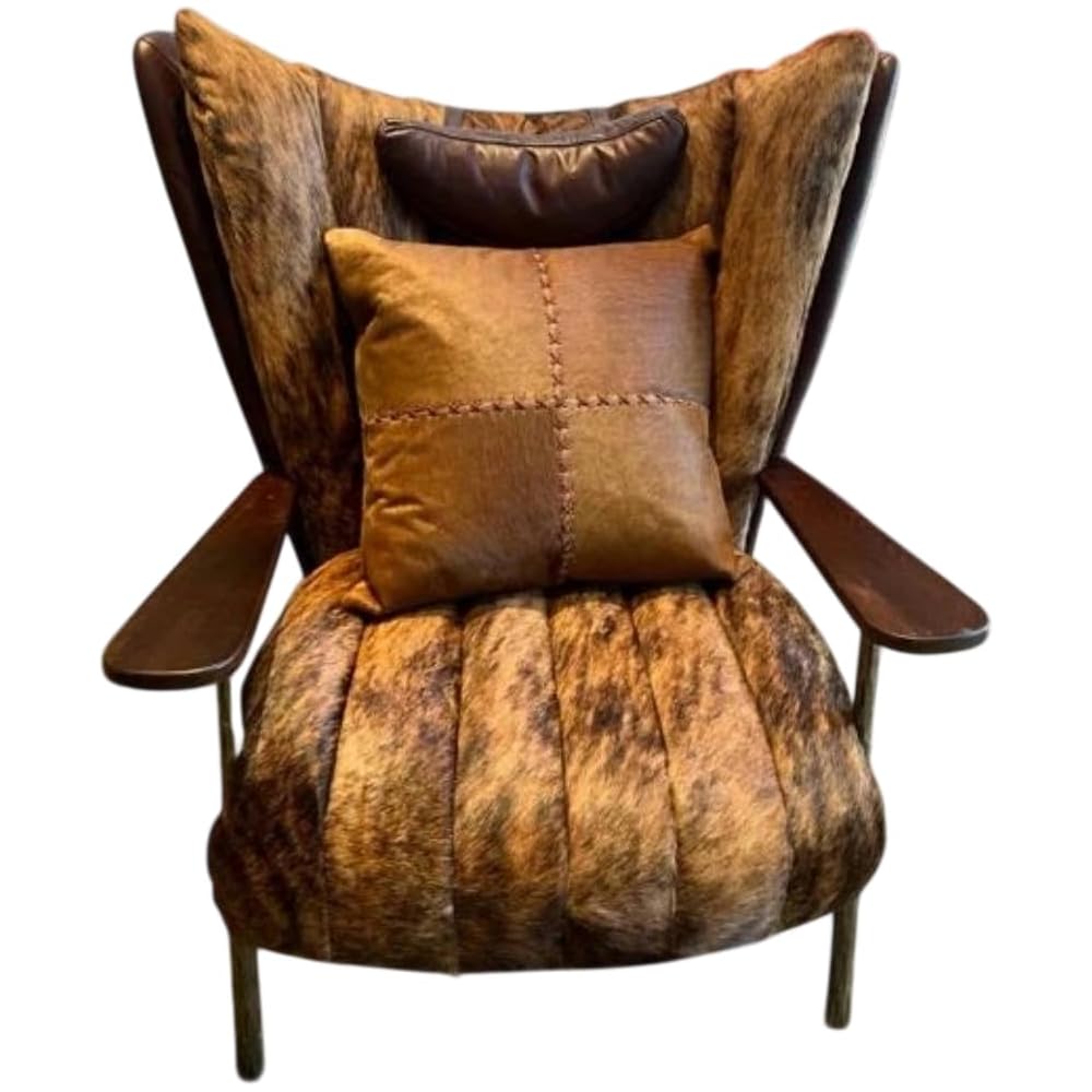Luxury Cowhide Leather Accent Chair with Walnut Wood Armrests – Vintage Modern Lounge Chair for Living Room, Reading Nook, Office & Designer Interior Decor (Brown)