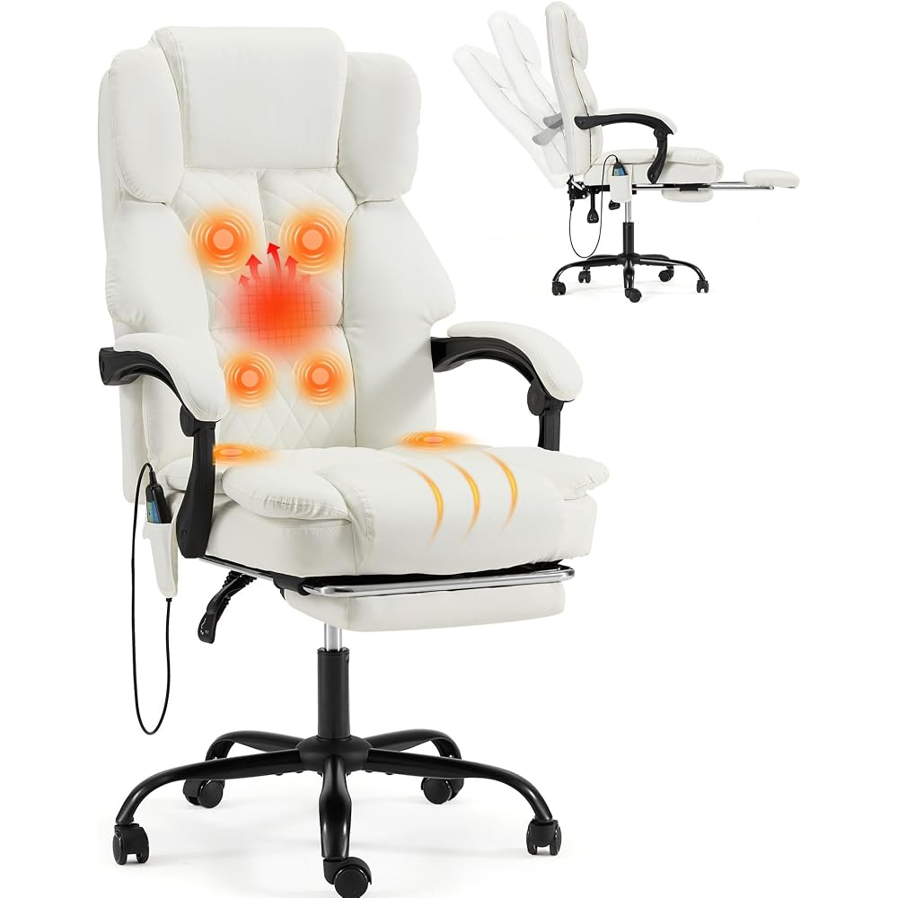 HOMREST 6-Point Massage Executive Chair,Heat Office Chair, Reclining Comfy Office Chair with Adjustable Footrest and Armrests,PU Leather Big and Tall Home Office Desk Chair(White)