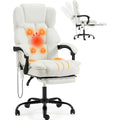 HOMREST 6-Point Massage Executive Chair,Heat Office Chair, Reclining Comfy Office Chair with Adjustable Footrest and Armrests,PU Leather Big and Tall Home Office Desk Chair(White)