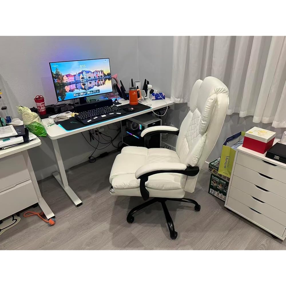 HOMREST 6-Point Massage Executive Chair,Heat Office Chair, Reclining Comfy Office Chair with Adjustable Footrest and Armrests,PU Leather Big and Tall Home Office Desk Chair(White)