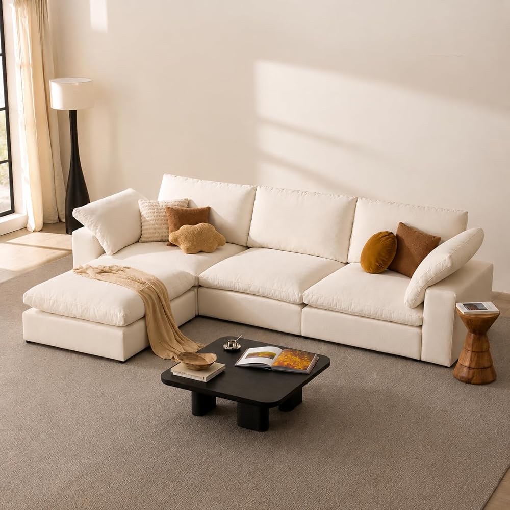 Cloud Modular Sectional Couch Oversized Cloud Sofa with Deep Seat Modern Comfy Couches Washable Cover Easy Assembly Sectional Couches for Living Room - 110.2" 3 Seats with Storage Ottoman