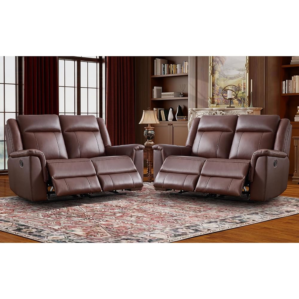 CANMOV 2PCS Genuine Leather Manual Recliner Loveseat Sofa, Mid-Century Modern Reclining Loveseat with Soft Padded Seat Backrest, 2 Seat Reclining Sofa Couch for Living Room, Dark Brown