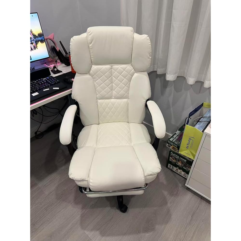 HOMREST 6-Point Massage Executive Chair,Heat Office Chair, Reclining Comfy Office Chair with Adjustable Footrest and Armrests,PU Leather Big and Tall Home Office Desk Chair(White)