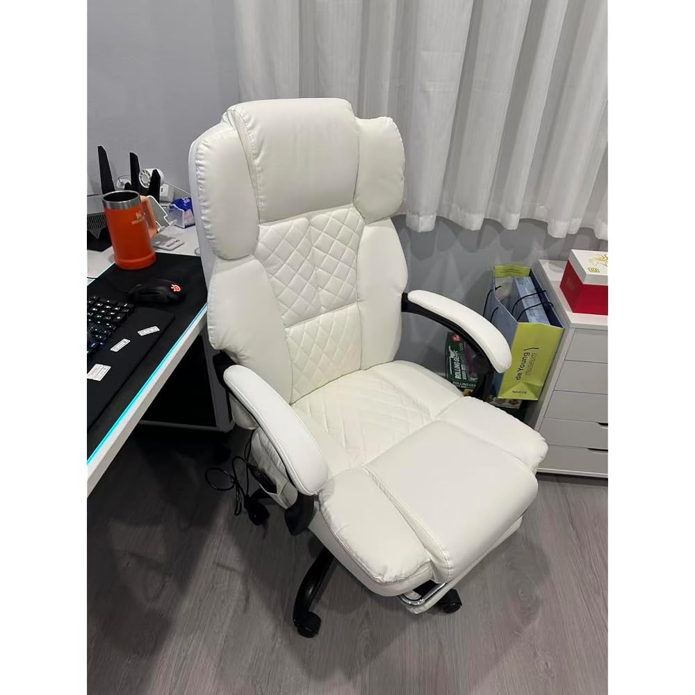 HOMREST 6-Point Massage Executive Chair,Heat Office Chair, Reclining Comfy Office Chair with Adjustable Footrest and Armrests,PU Leather Big and Tall Home Office Desk Chair(White)