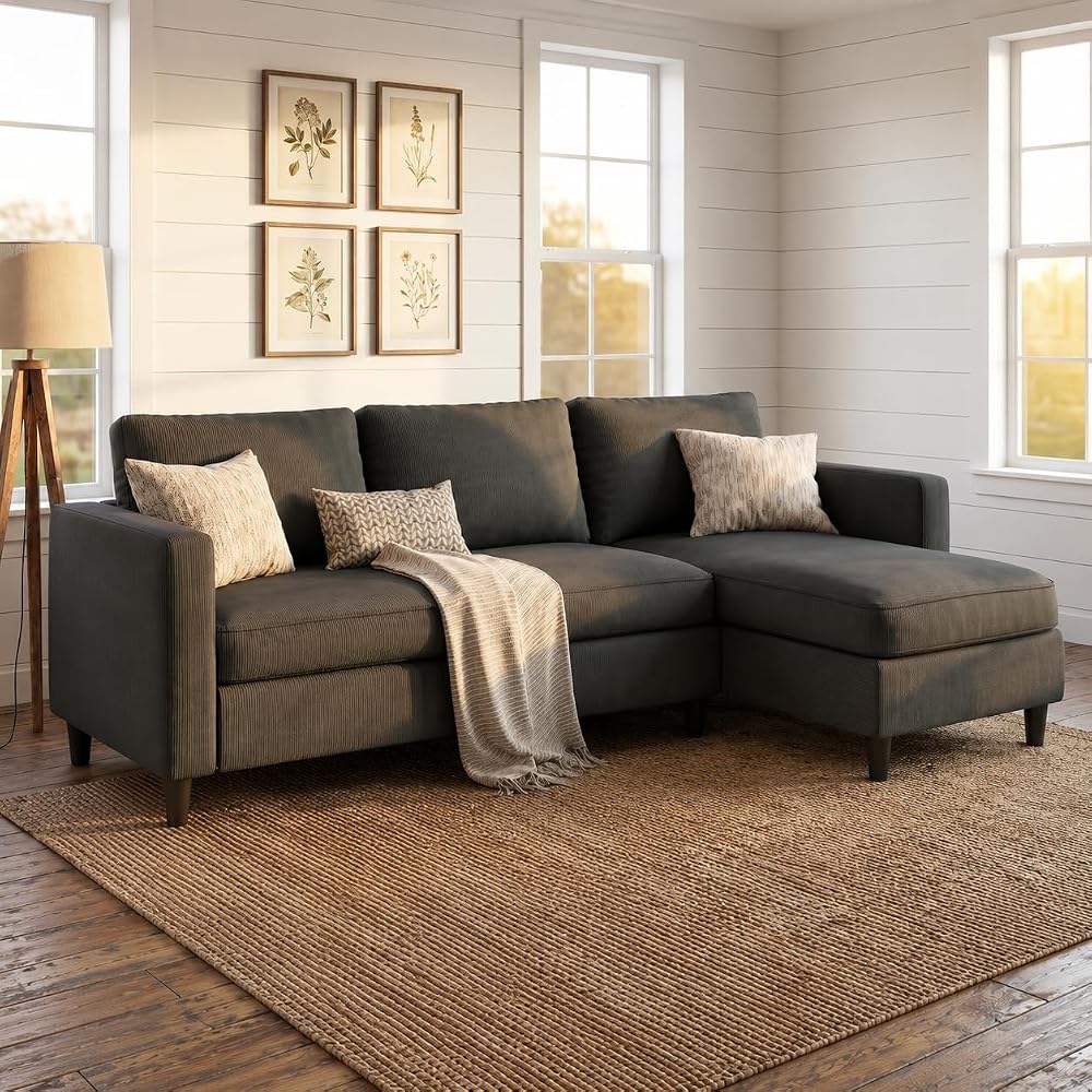 SUNLEI L-Shaped Sectional Couch, Modern Grey Reversible Sectional Sofa with Reversible Ottoman, 3-Seat Sectional Couches for Living Room and Apartment, Grey